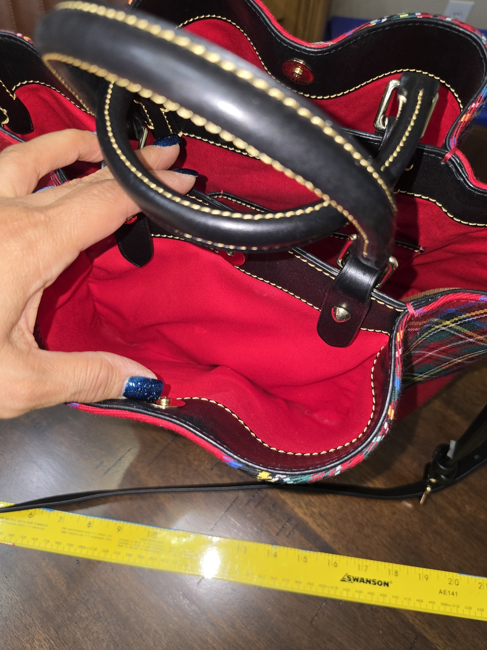 Dooney & Bourke Red Plaid Tote Bag with Black Trim - Picture 8 of 12